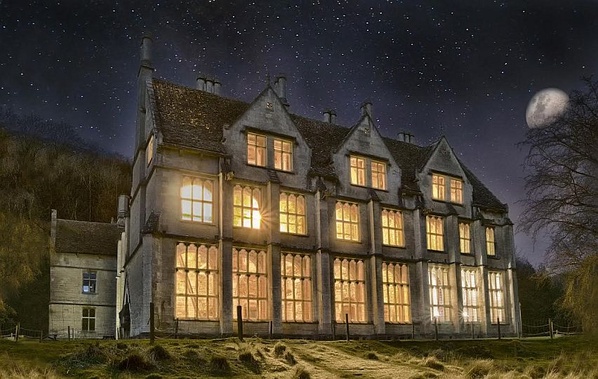 Woodchester Mansion at night. The Gothic house is a popular haunt for ghost hunters.